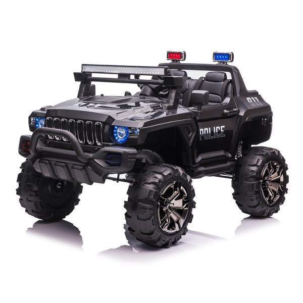 POLICE TRUCK 2 SEATER WITH REMOTE CONTROL, SOUND SYSTEM, LED LIGHTS & MORE! 12V (BLACK) Ride On Cars FREDDO 